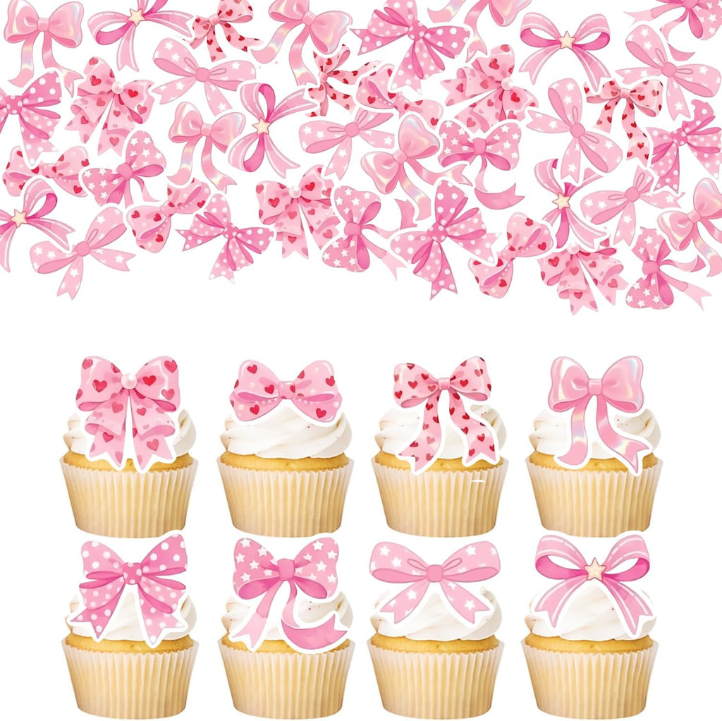 55Pcs Edible Bow Cupcake Toppers Bowknot Ribbons Bow Girls Birthday Cake Decorations Edible Bow Cake Toppers Bowknot Cupcake Picks for Wedding Birthday Baby Shower Party Supplies