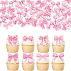55Pcs Edible Bow Cupcake Toppers Bowknot Ribbons Bow Girls Birthday Cake Decorations Edible Bow Cake Toppers Bowknot Cupcake Picks for Wedding Birthday Baby Shower Party Supplies