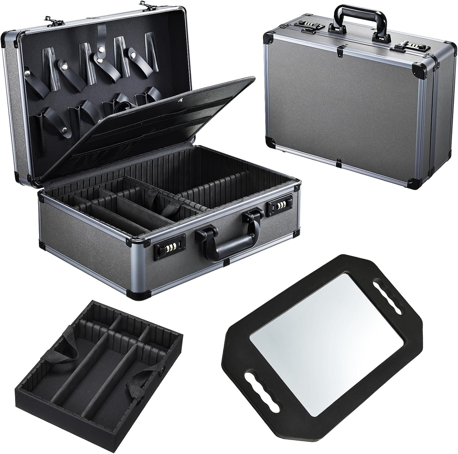 Yueieoun Professional Barber Case with Barber Clipper Tray Organizer, 6 Adjustable Clipper Slots & 8 Shear Holders, Portable Barber Carrying Case for Hair Tools & Supplies with Combo Locks