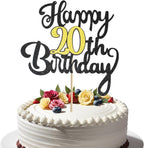 20th Happy Birthday Cake Topper, Glitter Happy 20th Birthday Cake Topper for Birthday Party Cake Decoration(Black with Gold)
