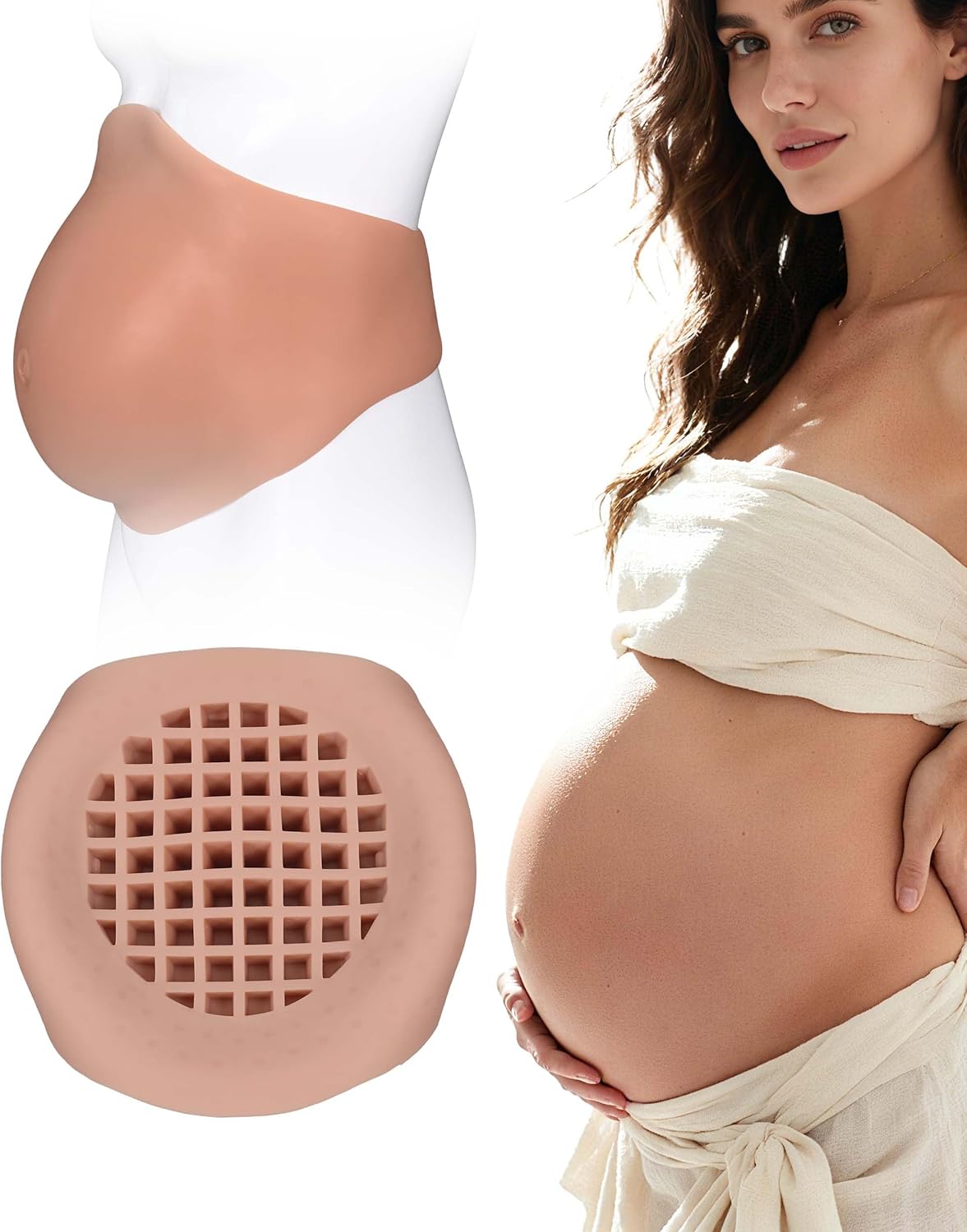Silicone Fake Pregnancy Pregnant Belly with Ventilation Grid Realistic Beer Belly for Cosplay Actors Film Props (Mid Trimester, Waist L Size, Tan)
