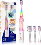 SEAGO Kids Electric Toothbrush with 2 Mins Brushing Timer and 4 Replacement Brush Heads, Rainbow LED Light Makes Brushing Fun, Boys Battery Powered Toothbrush for 4-12 Years Old，SG-977（Pink）