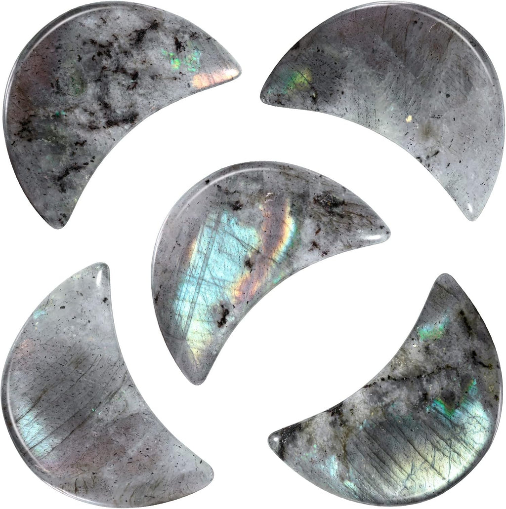 mookaitedecor Set of 5 Moon Shape Healing Crystal Pocket Palm Stones, Polished Reiki Stone for Chakra Balancing, Jewelry Making, Home Decoration, Labradorite
