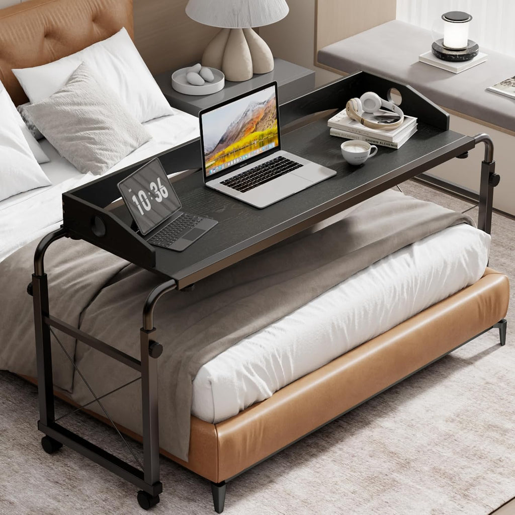 BYMECOST Laptop Desk for Bed, Adjustable Height & Length Laptop Bed Table,Overbed Table with Wheels for Queen Size Beds,Rolling Standing Desk,Over Bed Desk for Working Reading Eating