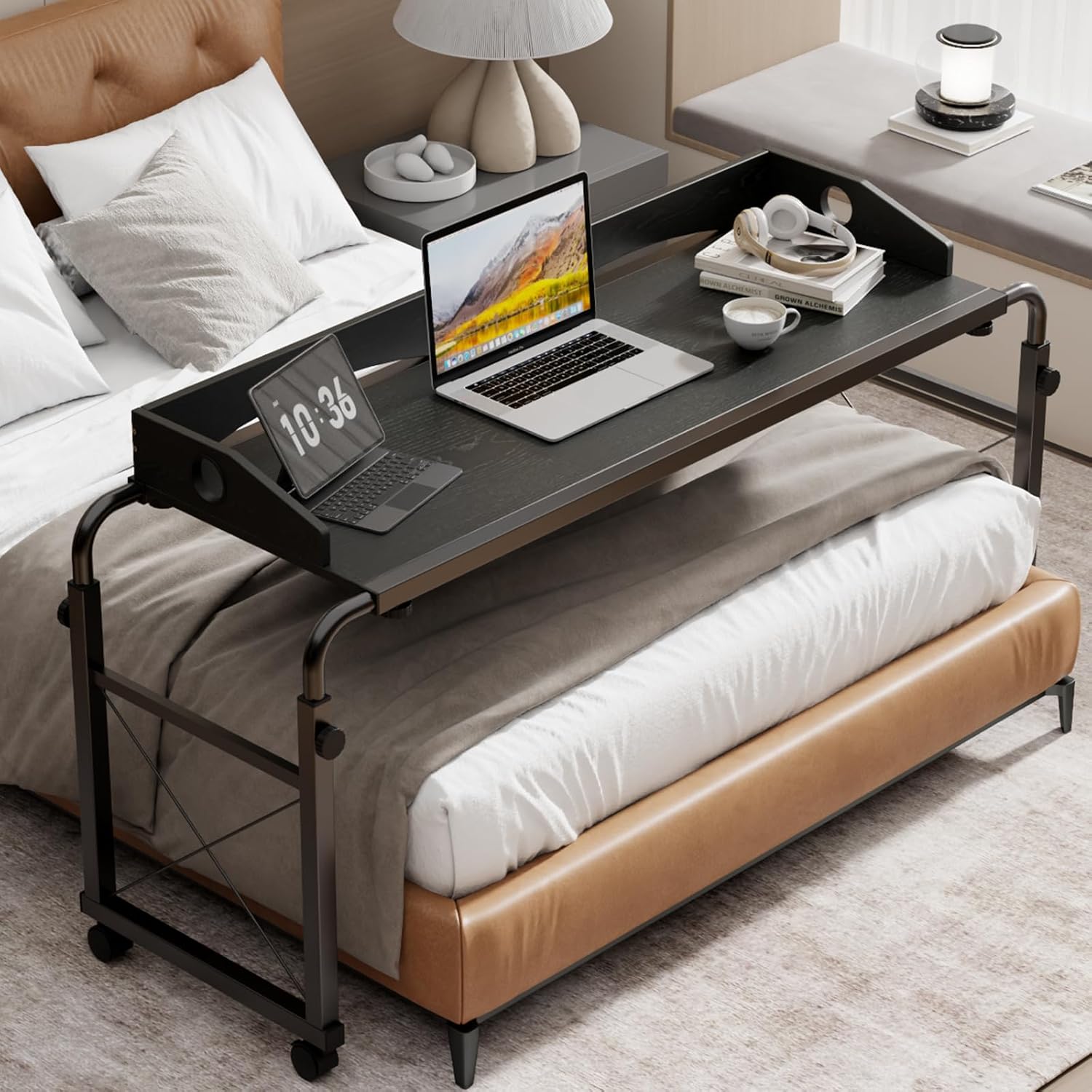 BYMECOST Laptop Desk for Bed, Adjustable Height & Length Laptop Bed Table,Overbed Table with Wheels for Queen Size Beds,Rolling Standing Desk,Over Bed Desk for Working Reading Eating