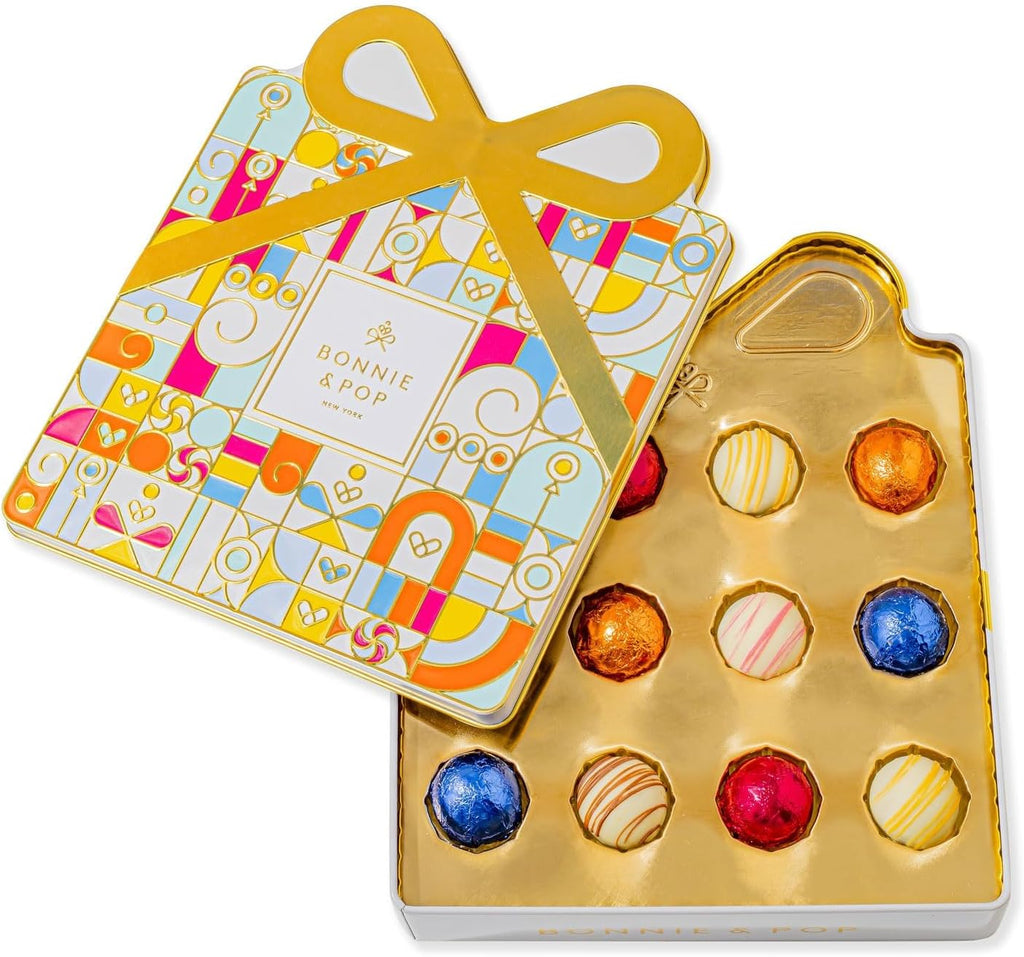 Birthday Chocolate Gift Basket, Candy Food Gifts Arrangement Platter, Gourmet Snack Gift Bow Tin Box, Bday Present Idea, Him & Her, Men Women Family Parties- 12 Gourmet Truffles- Bonnie & Pop