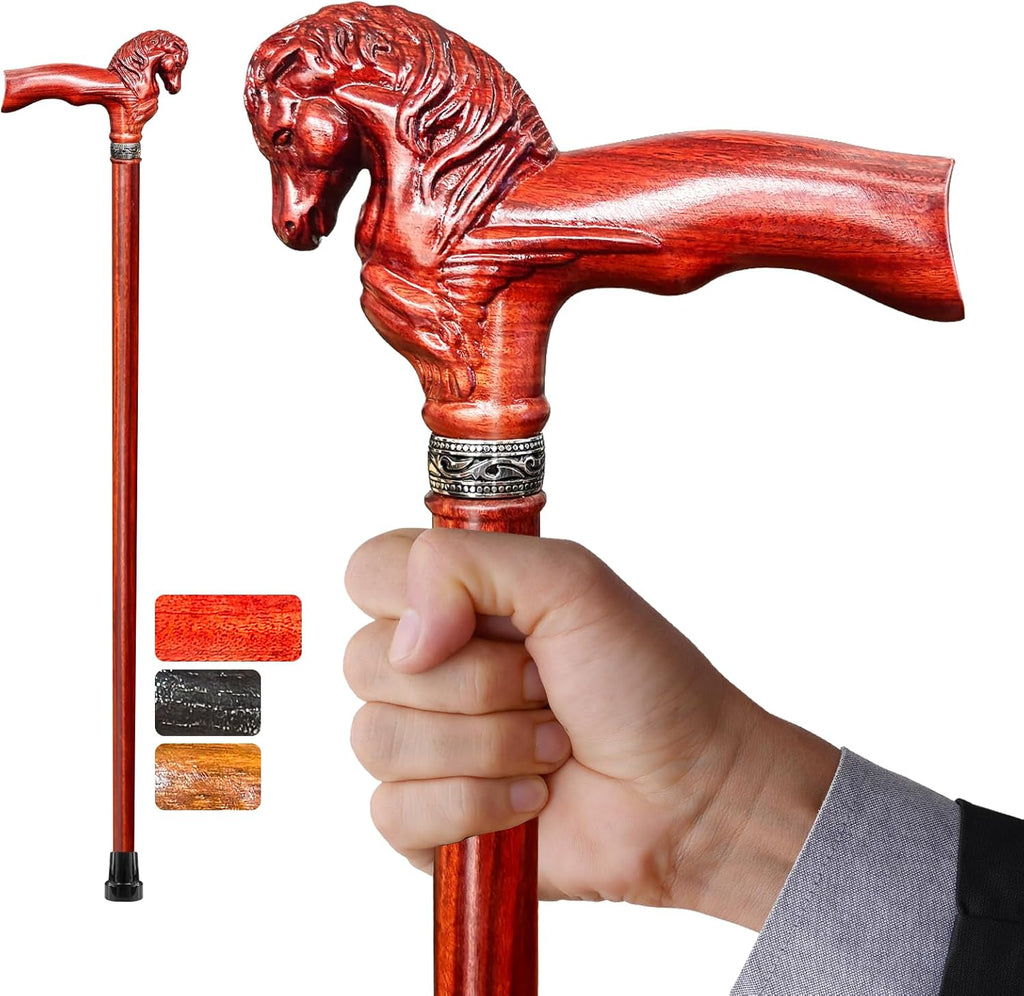 Wood Walking Cane, Elegant Hand-Carved Horse Head Wooden Walking Cane for Men and Women, Handmade Stylish Canes for Seniors, Light Stable High-end Canes Suitable for Gift Giving