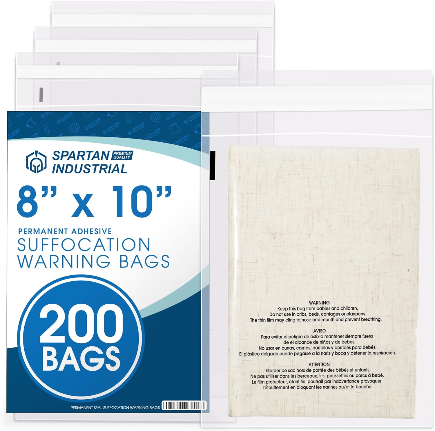 Spartan Industrial - 8” X 10” (200 Count) Self Seal Clear Poly Bags with Suffocation Warning for Packaging, Clothing, and Fulfillment - Permanent Adhesive