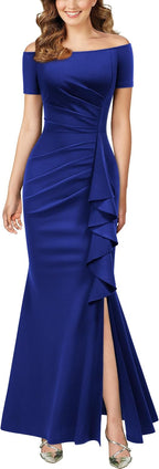 AISIZE Women's Elegant Off Shoulder Ruffle Formal Evening Long Dress