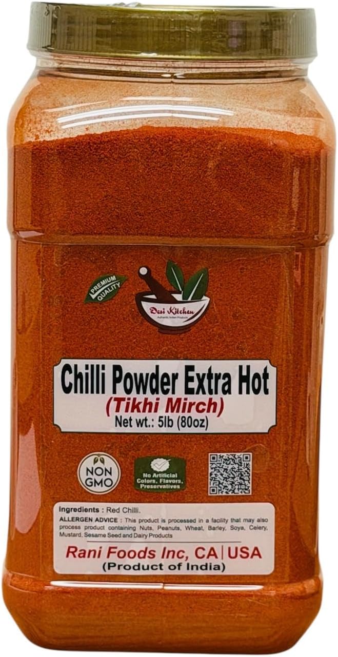 Desi Kitchen Chilli Powder Extra Hot (Tikhi Mirch) – Premium Indian Red Chili Powder | Pure & Natural, No Artificial Colors or Additives | Non-GMO | 5lb (80oz) | Packed by Rani Foods Inc.