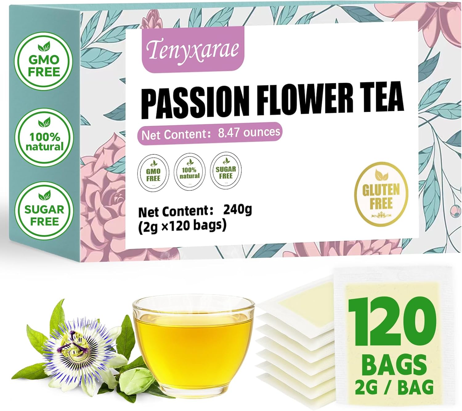 Passion Flowers Tea Bags-120 Teabags, 2g/Bag, Made with 100% Natural Passion Flowers. Helps with Sleep Support and Digestion | Caffeine-Free | Sugar-Free | Gluten-Free | Vegan. Eco-Friendly Tea Bags