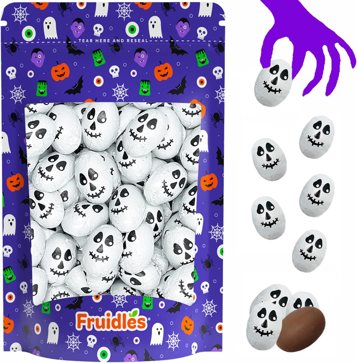 Fruidles Halloween Skulls, Double Crisp, Trick-Or-Treat Party Bag Fillers, Individually Wrapped in Multi-color Skull Design Foils, Kosher Certified (Half-Pound)