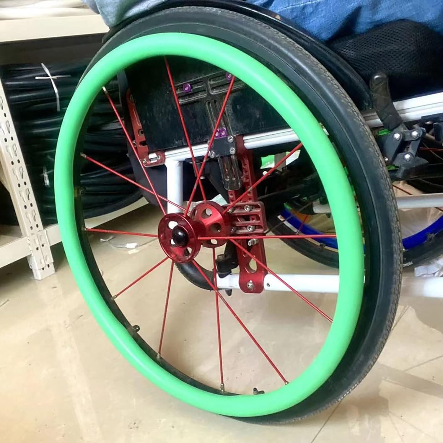 2Pcs Rear Wheel Sports Wheelchair Non-Slip Silicone Cover, Wheelchair Pusher Cart Ring Protective Sleeve, Hand Push Cover Wheel Snare Pads,Green-24in