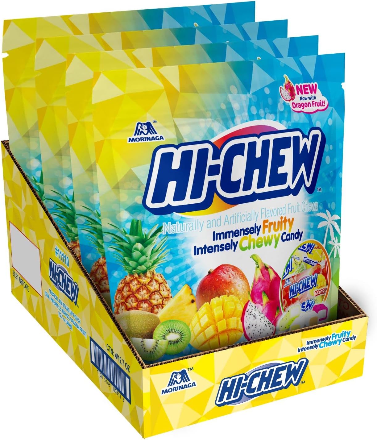 HI-CHEW Tropical Mix, Kiwi Pineapple Mango Dragon Fruit, 4 Stand Up Pouches, 220+ Pieces, 12.7oz each - Fun Soft & Chewy Bulk Candy - Juicy Fruity Flavors - Individually Wrapped for Sharing