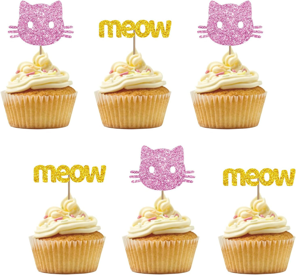 Set of 24 Kitten Cat and Meow Cupcake Toppers for Pet Theme Birthday, Gold & Pink Glitter Cat Face Sign Cupcake Toppers, Cake Decorations for Kitten Theme Baby Shower Kids Party Supplies