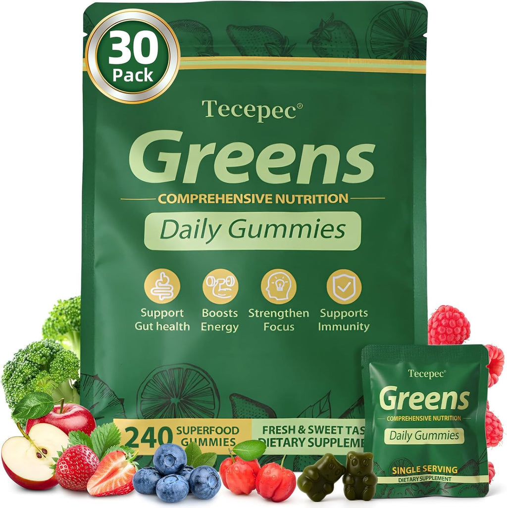 Greens Daily Gummies, Superfood Fruits and Veggies Blend with Spirulina, Chlorella, Prebiotics & Fiber, Adaptogens Multivitamin Supplement for Women & Men Digestive Health, Non-GMO, 240 Count