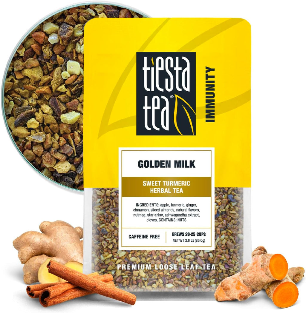 Tiesta Tea - Golden Milk, Loose Leaf, Sweet Turmeric Herbal Tea, Non-Caffeinated Herbal Blend, Makes Hot or Iced Up to 20-25 Cups, 3oz Resealable Pouch