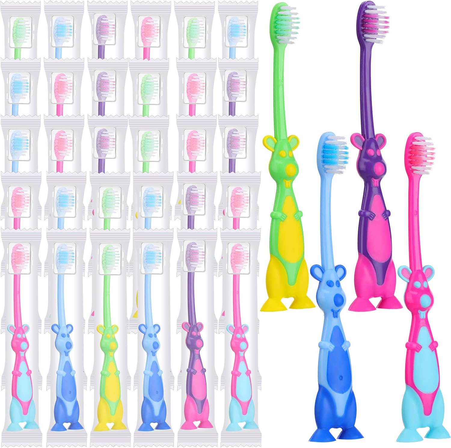 Gerrii Kids Toothbrushes Bulk Soft Lovely Little Kangaroo with Covers Suction Cup Individually Wrapped for Children Toddler Home School Camp Daycare Travel(100 Pcs)
