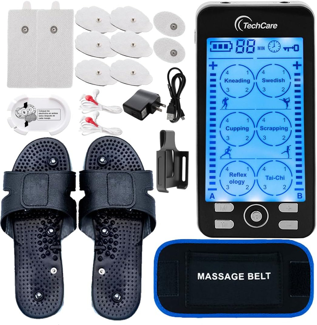 TechCare Plus 24-Mode TENS & EMS Dual-Channel Muscle Stimulator – Rechargeable Pain Relief Set with Massage Belt, Reflexology Shoes, Magnetic Therapy, Timer