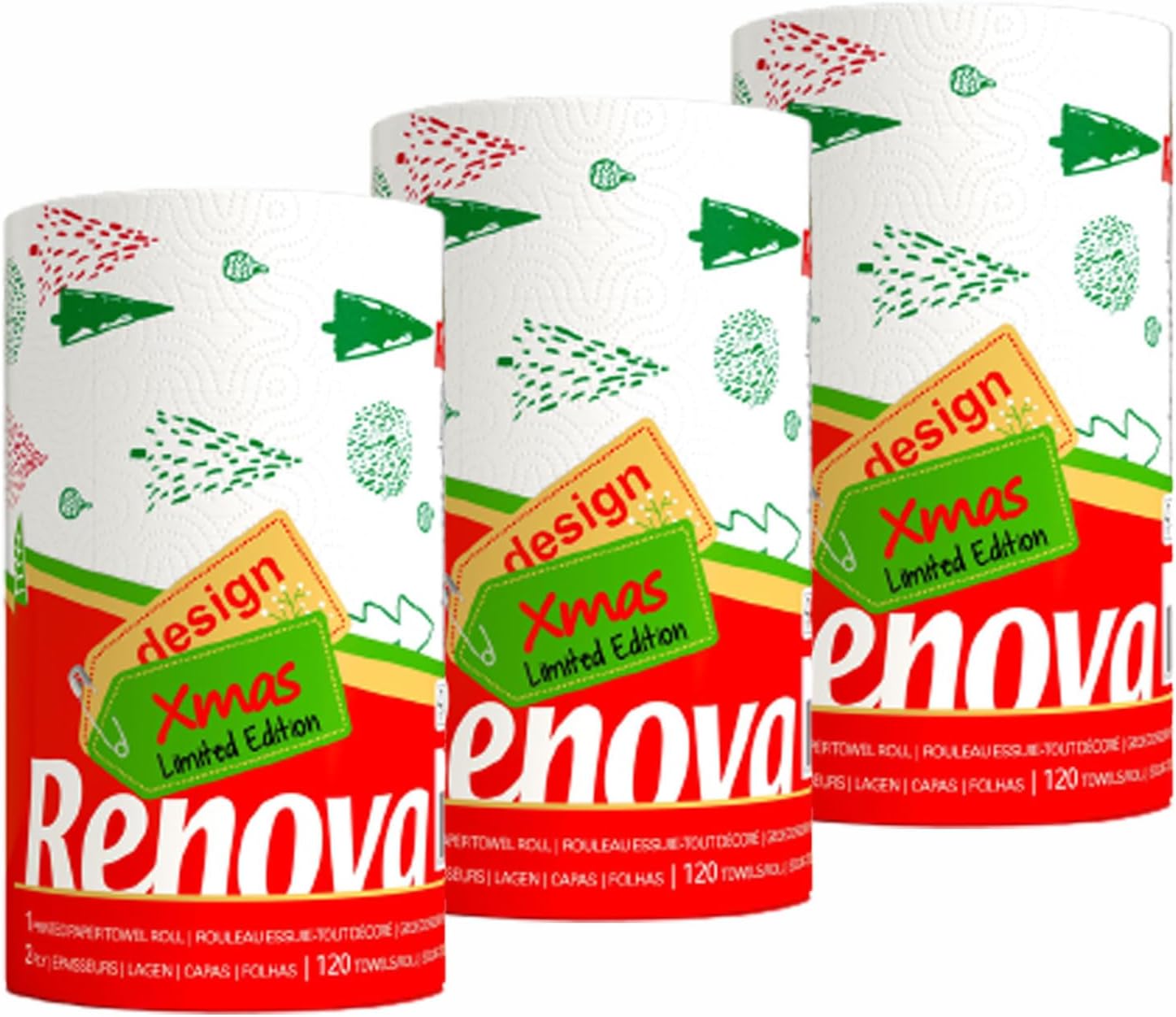 Renova Christmas Kitchen Paper Towel 3 Jumbo Rolls 2-ply 120 Sheets- Printed Paper Rolls for Christmas Decoration Table - Use as Christmas Napkins
