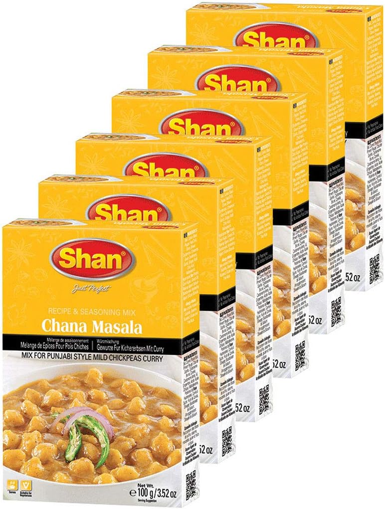 Shan Chana Masala Recipe and Seasoning Mix 3.52 oz (100g) - Spice Powder for Punjabi Style Mild Chickpeas Curry - Suitable for Vegetarians - Airtight Bag in a Box (Pack of 6)