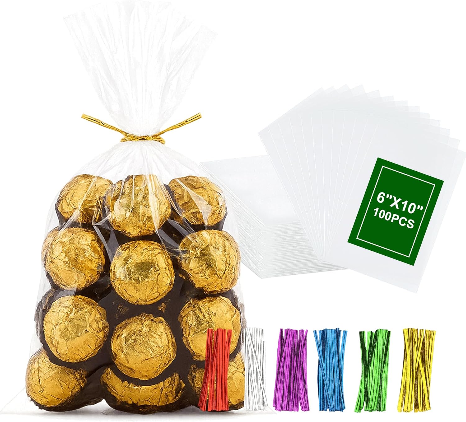 100PCS Thick Cellophane Treat Bag 6x10 Inches Clear Cellophane Gift Bags with Twist Ties Clear Party Favor Bag for Cookie Candy Goodie Bakery Packaging Favor