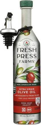 Fresh Press Farms Cold Pressed High Heat Extra Virgin Olive Oil, 16.4 Fl Oz, Georgia Grown, 100% American Made, Unrefined, Certified Whole30, Non-GMO, Keto, Paleo, Gluten Free