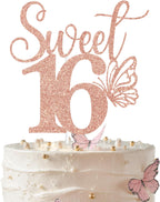 Rose Gold Glitter Sweet 16 Cake Topper, Butterfly Happy 16th Birthday/Happy Sweet 16, Funny Butterfly Themed 16th Birthday Party Decorations