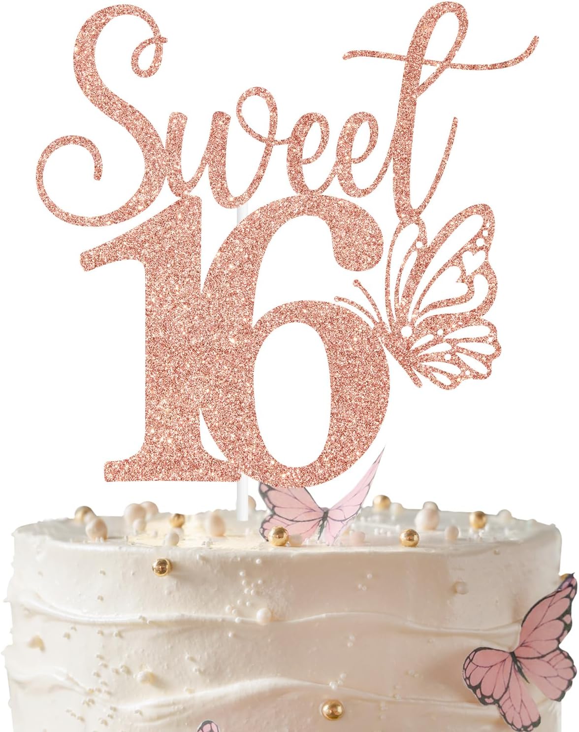 Rose Gold Glitter Sweet 16 Cake Topper, Butterfly Happy 16th Birthday/Happy Sweet 16, Funny Butterfly Themed 16th Birthday Party Decorations