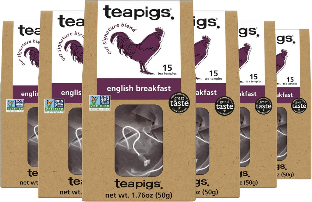 Teapigs English Breakfast Tea Bags Made With Whole Tea Leaves, Natural Ingredients, Non-GMO, Classic Morning Blend – 90 Count (6 Packs of 15 Teabags)