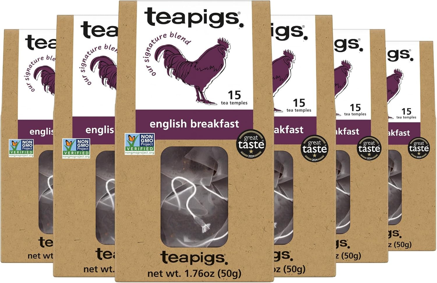 Teapigs English Breakfast Tea Bags Made With Whole Tea Leaves, Natural Ingredients, Non-GMO, Classic Morning Blend – 90 Count (6 Packs of 15 Teabags)