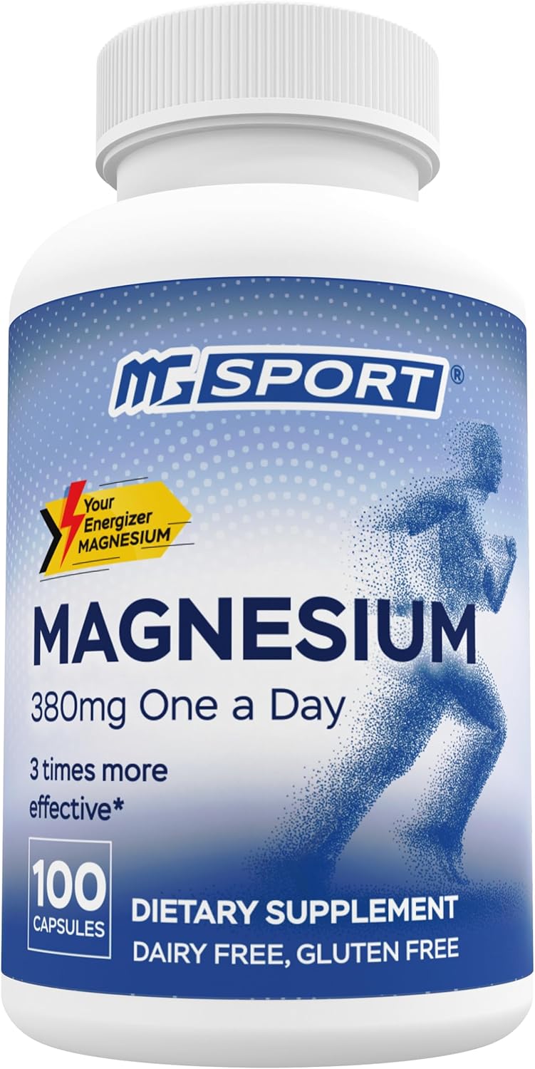 MGSPORT Magnesium Supplement 380mg - High Absorption Magnesium Complex Formula with Vitamins B6, D, E - Supports Muscle Function and Sleep Quality - 100 Servings