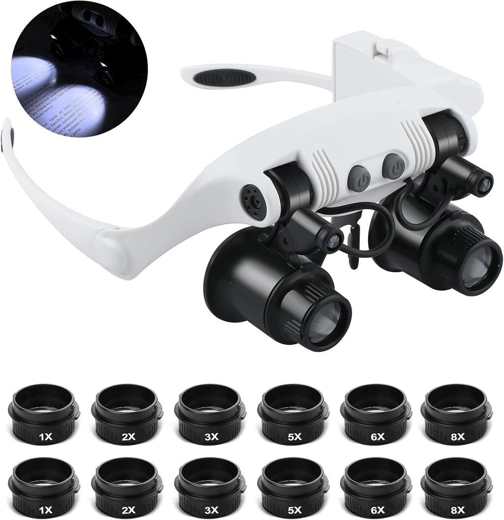 Hands Free Head Magnifying Glasses, Magnifier with Light, 1X, 2X, 3X, 5X, 6X, 8X, Ideal for Jewelry, Eyelash Extensions, Soldering, Craft, Cross Stitch