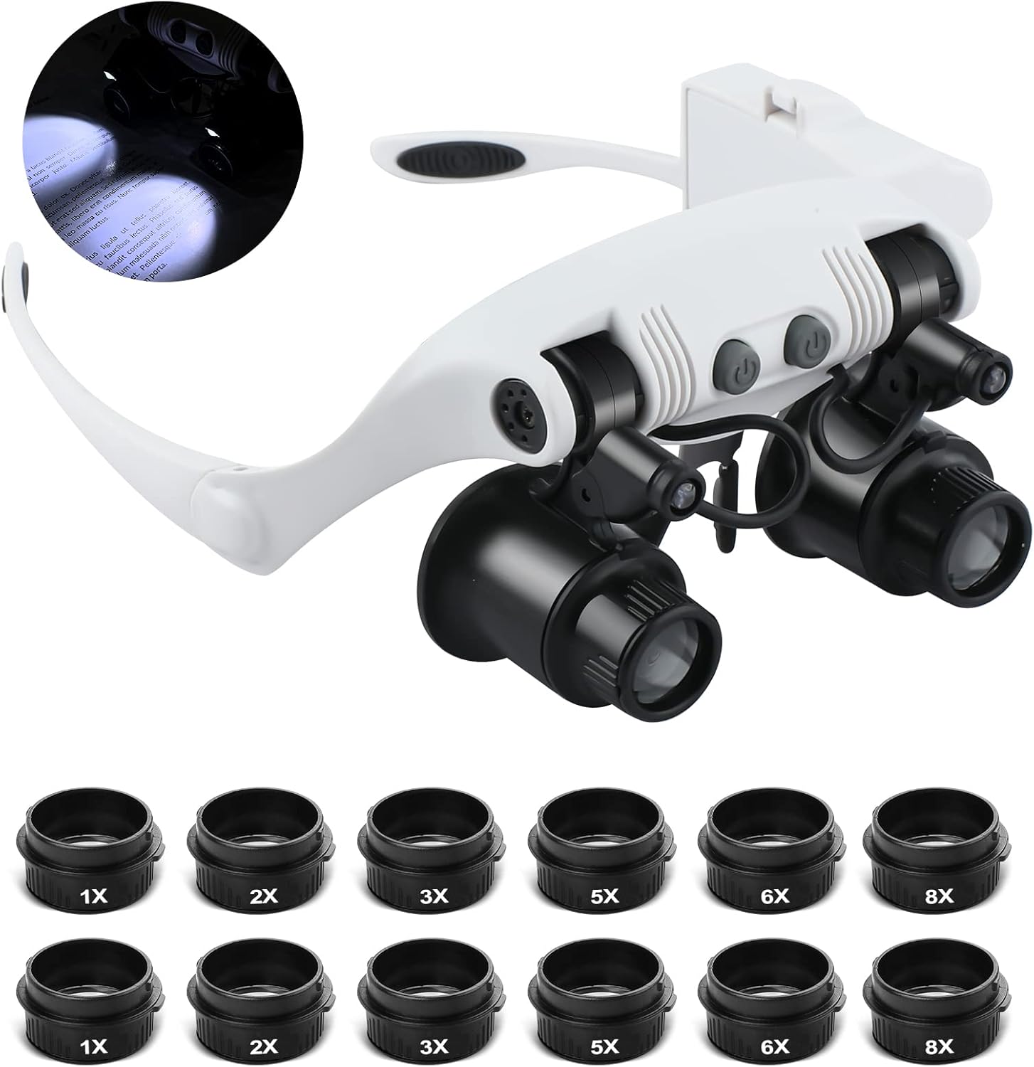 Hands Free Head Magnifying Glasses, Magnifier with Light, 1X, 2X, 3X, 5X, 6X, 8X, Ideal for Jewelry, Eyelash Extensions, Soldering, Craft, Cross Stitch