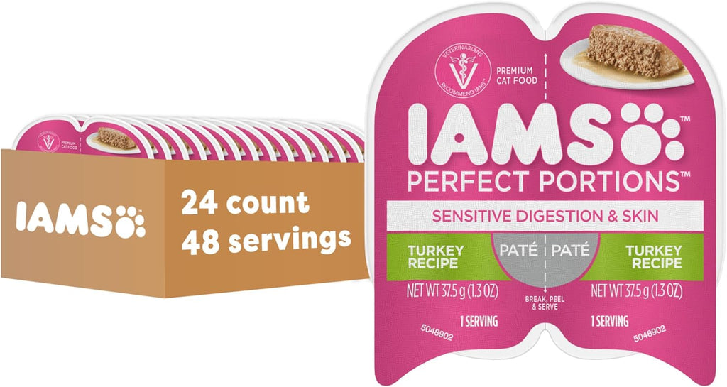 IAMS Perfect Portions Sensitive Digestion & Skin Wet Cat Food Pate, Adult Grain Free Pate, Turkey Recipes, (24) 2.6 oz. Twin-Pack Trays