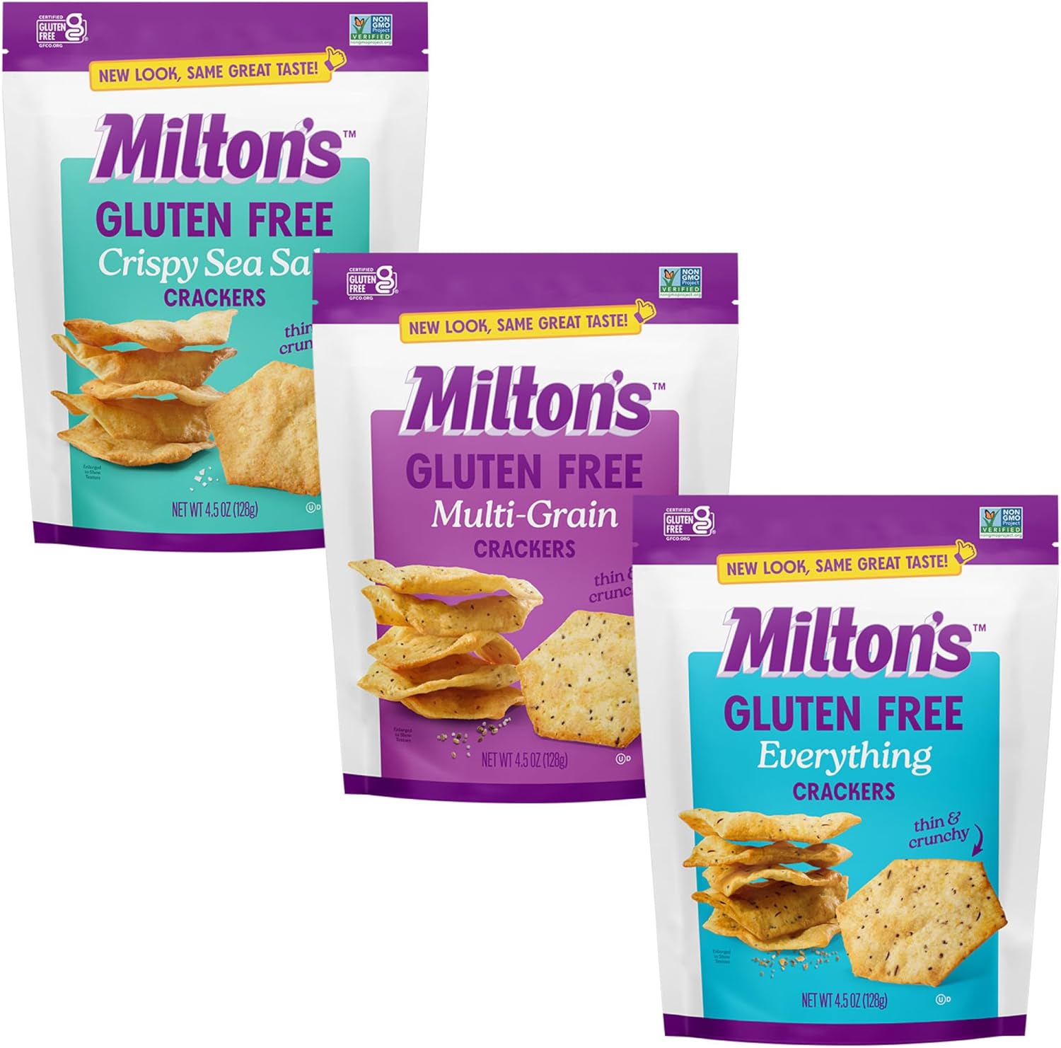 Milton’s Gluten Free Crackers Variety Bundle (Crispy Sea Salt, Multi-Grain, Everything) - Non-GMO Project Verified, Kosher, Certified Gluten Free Snack, Whole Grains In Every Bite - 4.5 Oz, Pack of 3