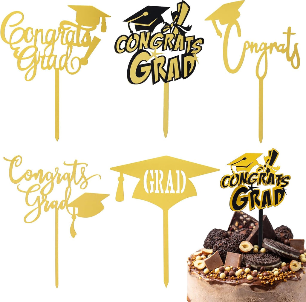 6Pcs Gold Acrylic Graduation Cake Toppers - Congrats Graduate Cake Decor - We Are Proud of You Theme Party Supplies