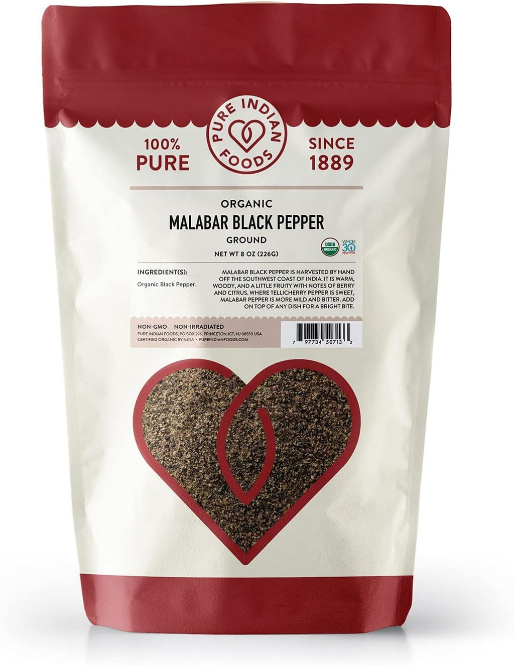 Pure Indian Foods Malabar Black Pepper Fine Ground - 8 oz Ground in Resealable Bag, Certified Organic, Non-GMO, Whole30 Approved, Non-Irradiated, 100% Pure, Hand Harvested