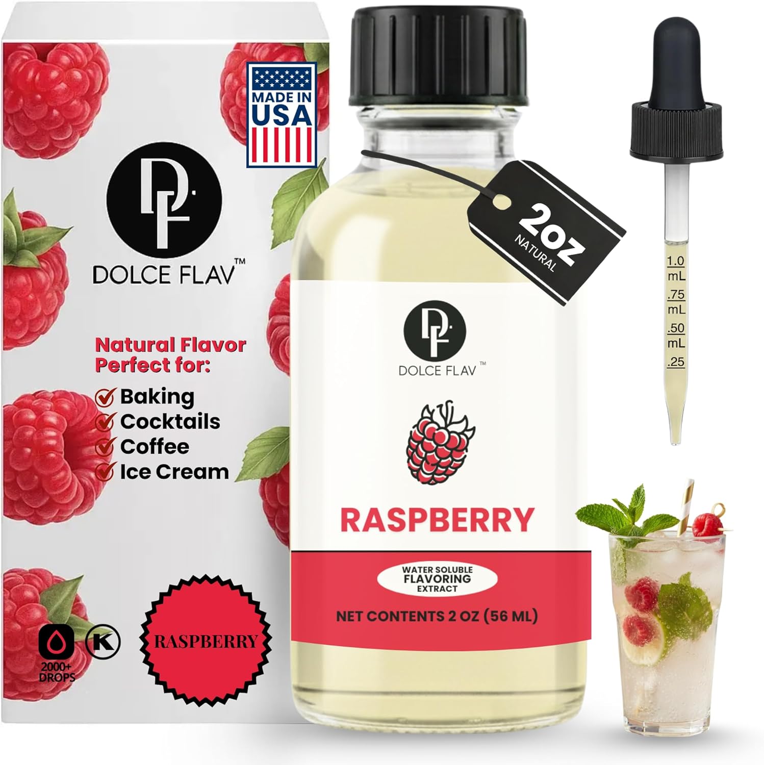 Dolce Flav Natural Raspberry Extract 2 oz – Kosher, Sugar-Free, Concentrated Tart Raspberry Flavoring for Baking, Beverages & Desserts, Includes Measured Dropper