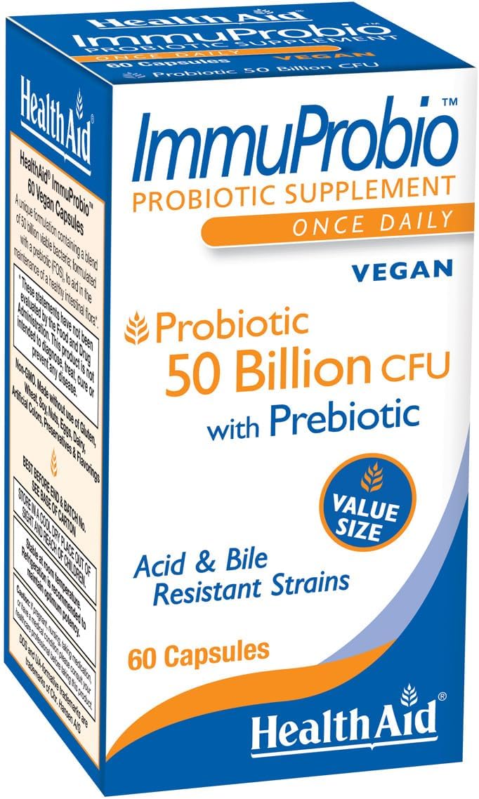 HealthAid ImmuProbio 50 Billion CFU Probiotic – Once Daily Digestive & Immune Support – with Prebiotic (FOS) & DDS-1 Strain – Acid & Bile Resistant – Vegan – 60 Capsules*
