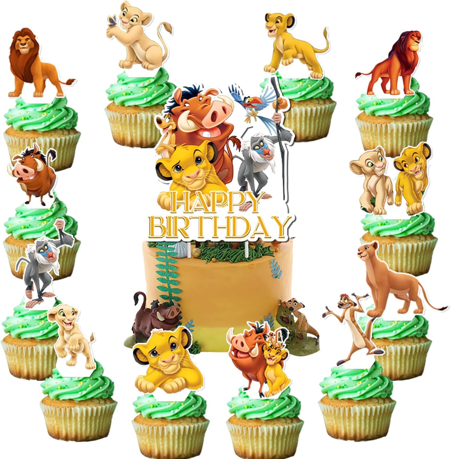 25Pcs Lion-King Birthday Party Supplies Pack Includes 1 Cake Topper 24 Cupcake Toppers for Lion-King Party Supplies