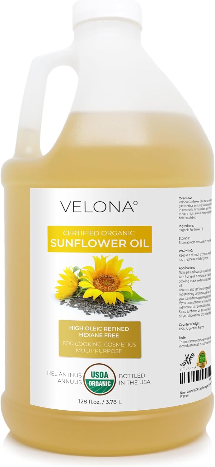 velona USDA Certified Organic Sunflower Oil - 1 Gallon / 128 Fl Oz | 100% Pure and Natural Carrier Oil | High Oleic, Refined| Cooking, Skin, Hair, Body & Face Moisturizing