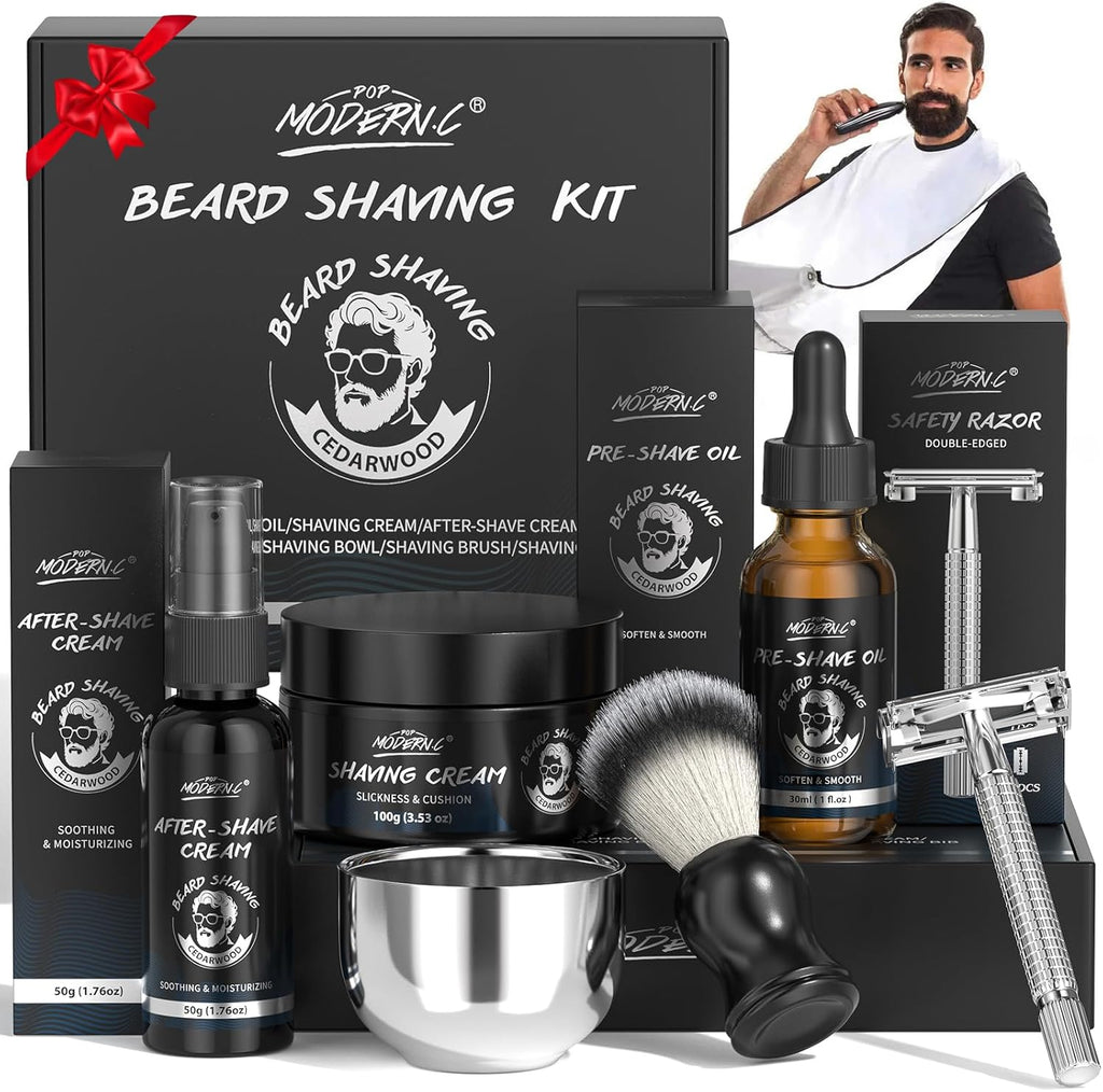 8Pcs Shaving Kit for Men Gift Basket for Christmas Birthday Father's Day Includes Pre-Shave Oil Shaving Cream After Shave Cream 10pcs Razor Blades Safety Razor Shaving Bowl Shaving Brush Beard Bib