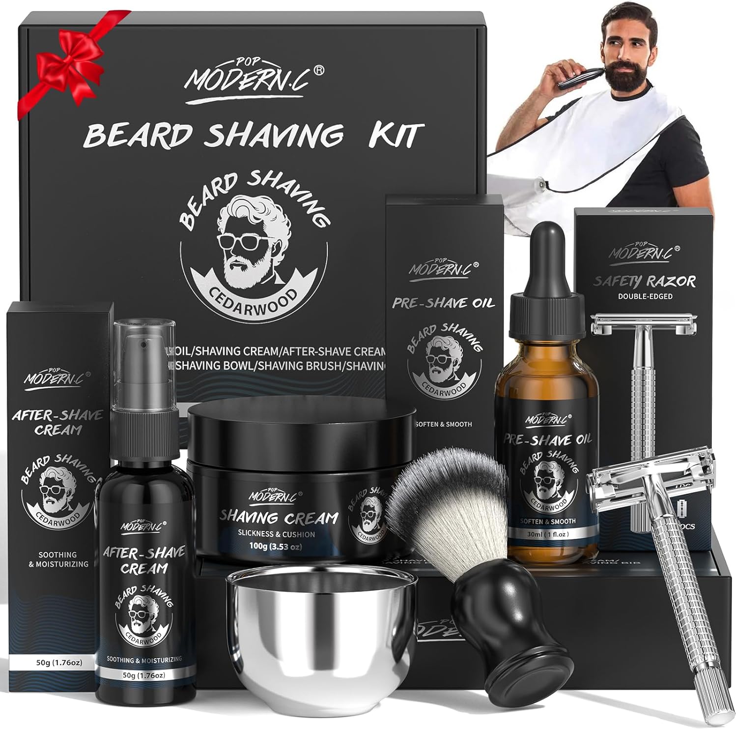 8Pcs Shaving Kit for Men Gift Basket for Christmas Birthday Father's Day Includes Pre-Shave Oil Shaving Cream After Shave Cream 10pcs Razor Blades Safety Razor Shaving Bowl Shaving Brush Beard Bib