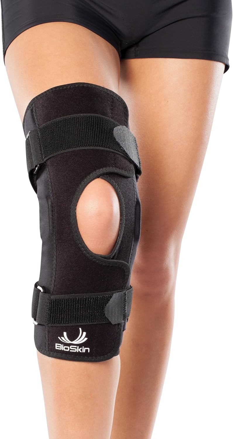 BioSkin Wraparound Hinged Knee Brace - Stays-in-Place Stability, Adjustable Compression Support for ACL/MCL, Meniscus & Arthritis, Lightweight Aluminum Side Hinges, Soft Breathable Hypoallergenic, Low-Profile (Medium)