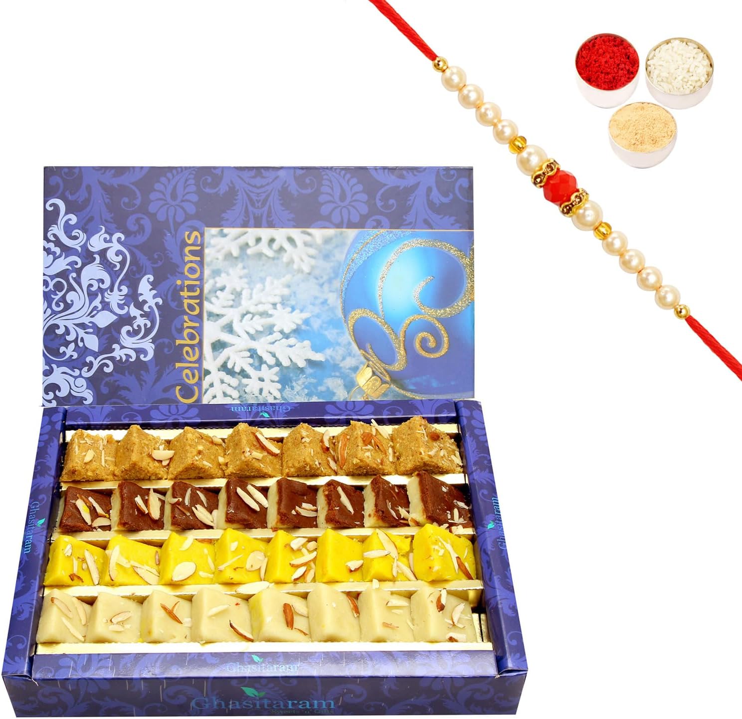 Ghasitaram Gifts Rakhi Gifts for Brothers Rakhi Sweets - Assorted Mawa Barfis (800 GMS) with Beads Rakhi