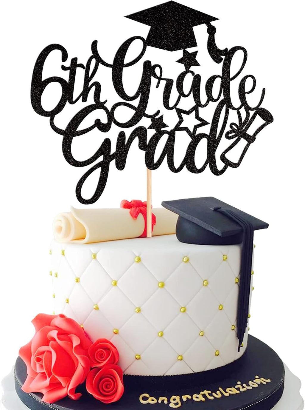 1 PCS 6th Grade Grad Cake Topper with Glitter Diploma Cap 6th Grade Graduation Cake Pick Class of 2026 Cake Decorations for 2026 Boys Girls Sixth Grade Graduation Party Supplies Black