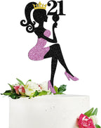 Lady Happy 21st Birthday Cake Topper, Makeup High Heel Fashion Themed Party Supplies,Time to Legal, Birthday Queen 21st Sexy Party Decoration Supplies for Women, Black and Pink Glitter