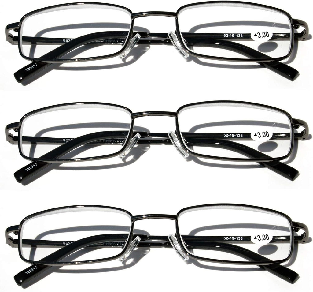 V.W.E. 3 Pairs Slim Metal Rectangular Reading Glasses/w Spring Hinge Rectangle Reader - High Power