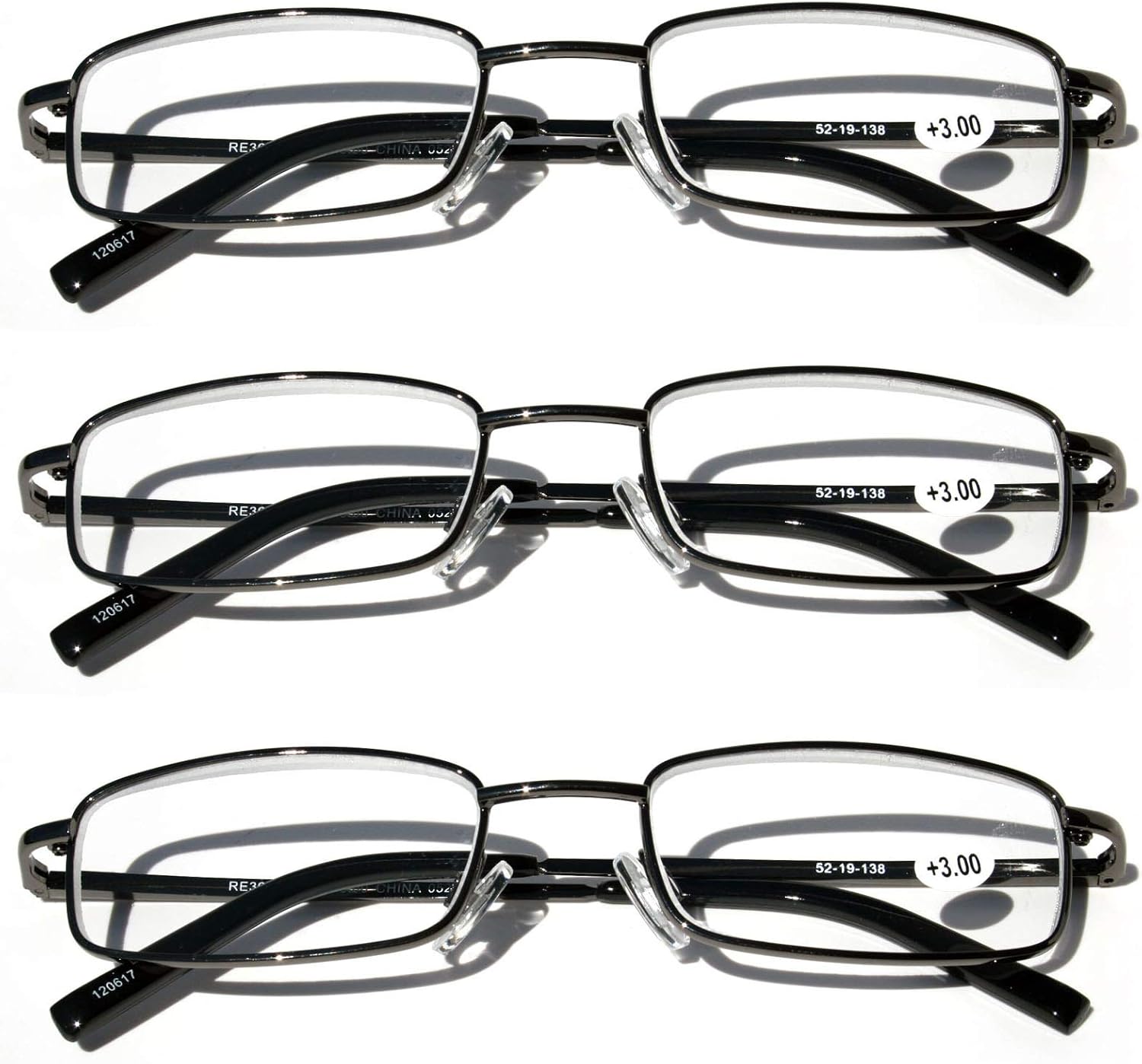V.W.E. 3 Pairs Slim Metal Rectangular Reading Glasses/w Spring Hinge Rectangle Reader - High Power